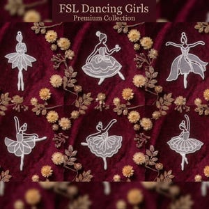 Può includere: Sei ornamenti in pizzo bianco a forma di ballerine su uno sfondo di velluto rosso intenso con accenti di fiori secchi dorati. Il testo FSL Dancing Girls Premium Collection è centrato in alto. Ogni figura presenta un intricato lavoro a filo bianco.
