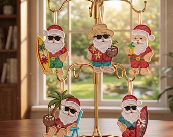 FSL Summer Santa Embroidery Design Bundle, Beach Santa Ornament Set, Free Standing Lace Christmas Decorations, Machine Embroidery Files