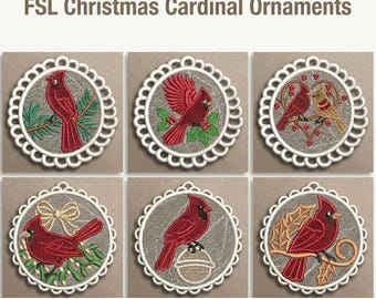 FSL Christmas Cardinal Ornaments | Free Standing Lace Embroidery Designs (Instant Download)