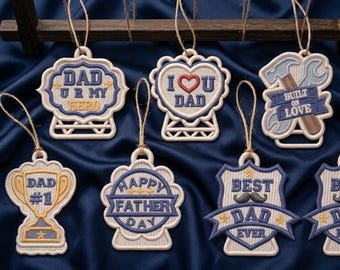 Father's Day FSL Embroidery Ornaments Bundle: Dad Hero Trophy Badge Decor (4x4 Hoop)