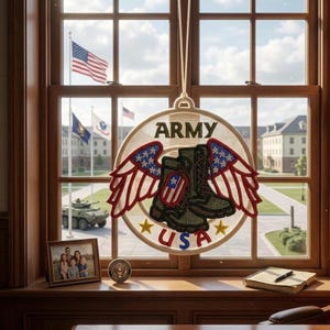Puede incluir: Un adorno colgante circular con un diseño bordado de botas de combate verde oliva con alas rojas, blancas y azules. El texto ARMY está bordado en la parte superior y USA en la parte inferior con dos estrellas amarillas. Una pequeña etiqueta de bandera cuelga de las botas.