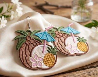 FSL Summer Cocktail Earrings Embroidery Design Coconut Drink with Umbrella Hanging Ornament Digital Machine Embroidery File