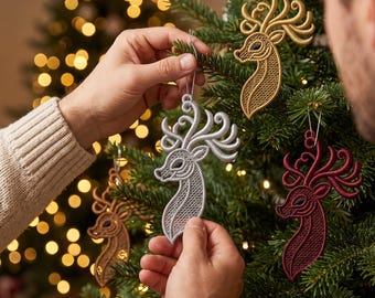 Elegant Deer Head FSL Embroidery Design, Freestanding Lace Christmas Ornament (4, 5 Inch)