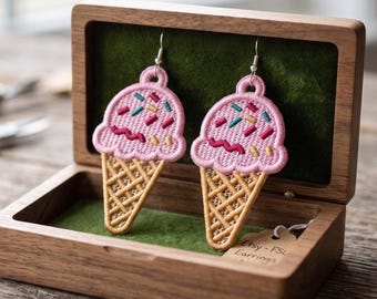 FSL Ice Cream Earrings Embroidery Design Pink Cone Summer Lace Earrings Hanging Ornament Digital Machine Embroidery File
