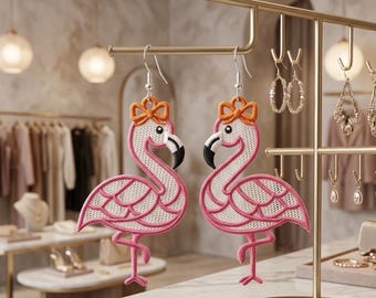 Flamingo FSL Embroidery Design: Free Standing Lace Earrings, Ornaments (Digital Download)
