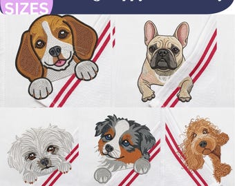 Peeking Dog Embroidery Bundle ITH Towel Designs, Puppy Kitchen Towel Machine Embroidery Files, Labrador Husky Dachshund Shih Tzu