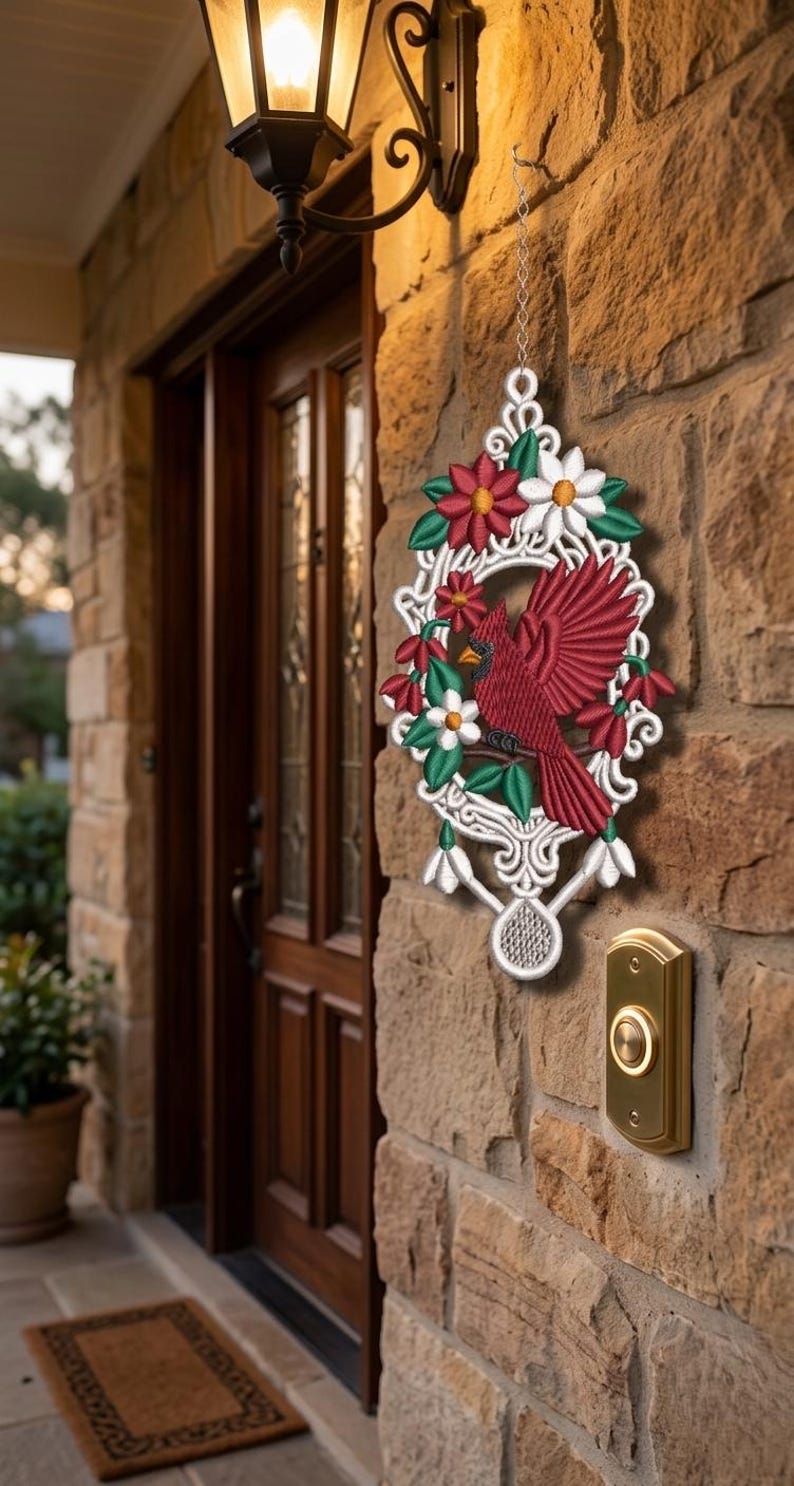 May include: A decorative wall hanging featuring a red cardinal bird surrounded by red and white flowers and green leaves. The bird and floral design are set within a white, ornate frame. The hanging is displayed on a stone wall.