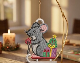 Christmas Mouse FSL Embroidery Design, Festive Forest Animal Lace Ornament, Free Standing Lace Holiday Mouse Pattern,