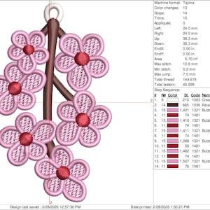 K&ouml;nnte beinhalten: Gesticktes Blumendesign mit rosa Bl&uuml;ten mit roten Zentren und einem braunen Stiel. Das Design ist detailliert mit einem strukturierten Stich, ideal f&uuml;r Bekleidung oder Bastelprojekte. Das Design misst 2,4 cm x 3,83 cm.