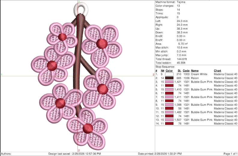 K&ouml;nnte beinhalten: Gesticktes Blumendesign mit rosa Bl&uuml;ten mit roten Zentren und einem braunen Stiel. Das Design ist detailliert mit einem strukturierten Stich, ideal f&uuml;r Bekleidung oder Bastelprojekte. Das Design misst 2,4 cm x 3,83 cm.