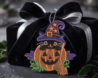 Halloween Cat in Pumpkin FSL Embroidery Design, Witch Cat Lace Ornament (Digital Download)