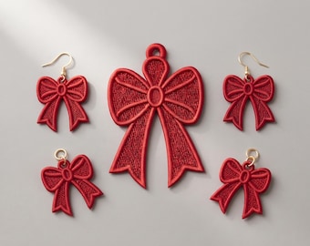 Red Bow FSL Earring Embroidery Design: Christmas Lace Earrings (Digital Download)