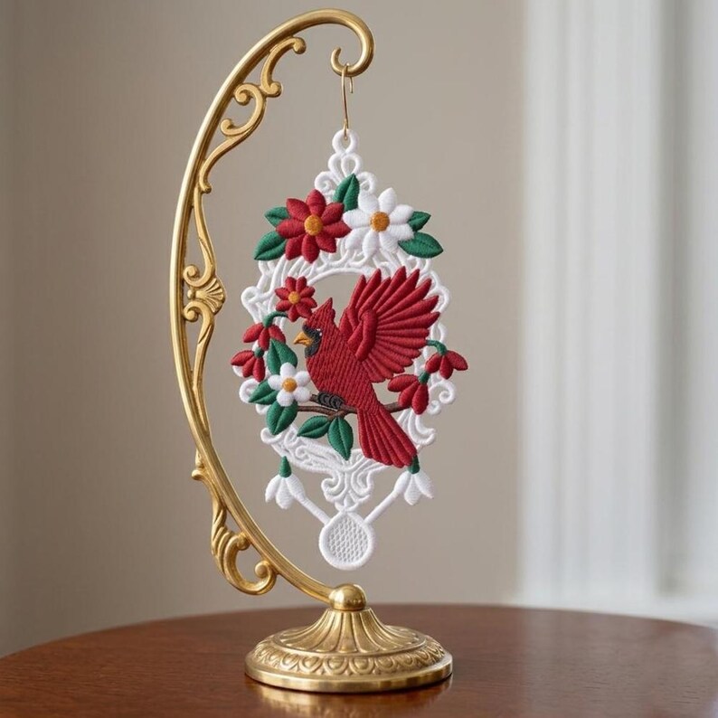 Cardinal Lace Ornament Embroidery Design, Free standing Lace Bird Machine File (Digital Download) image 3