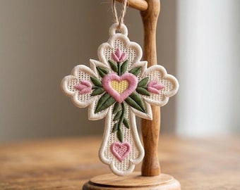 Embroidered Lace Cross Ornament, Pink Hearts, Floral Vines, Freestanding Religious Decor