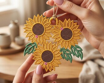 Sunflower FSL Earring Embroidery Design, Floral Lace Jewelry Pattern, Free Standing Lace Hanging Ornament Machine Embroidery File