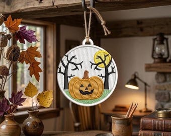 FSL Halloween Pumpkin Moon Ornament Embroidery Design: Jack O Lantern Graveyard Lace Hanging Machine Embroidery File Digital Download