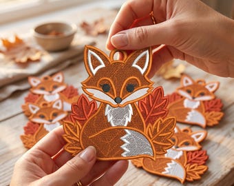 FSL Fox Embroidery Design, Autumn Leaves Lace Ornament, Woodland Animal Machine Files (4, 5 Inch)