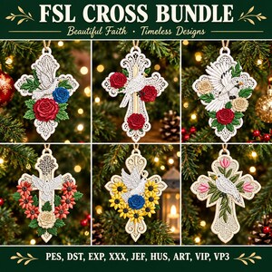 FSL Cross Ornament Bundle, Dove and Flowers Embroidery Designs (Digital Download)