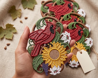 FSL Cardinal Sunflower Embroidery Design, ITH Bird Suncatcher Ornament (Digital Download)