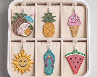 FSL Summer Earrings Embroidery Design Bundle Ice Cream Pineapple Watermelon Sun Flip Flop Tropical Hanging Ornament Digital Download
