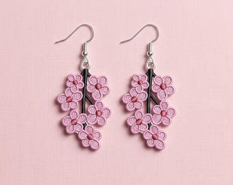 Pink Cherry Blossom Vine Freestanding Lace (FSL) Earrings - Digital Embroidery Design