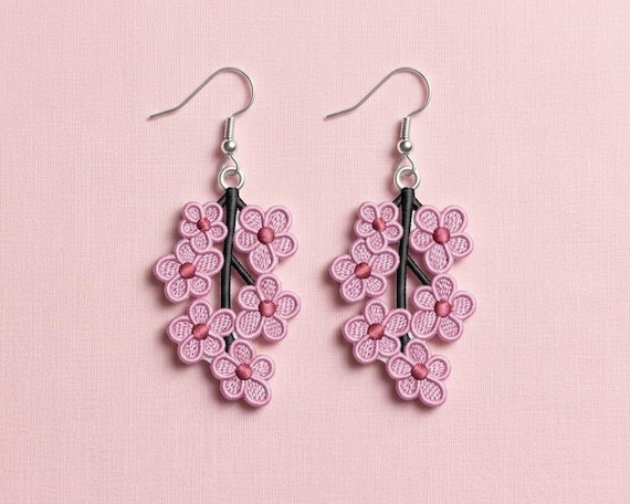 Pink Cherry Blossom Vine Freestanding Lace (FSL) Earrings - Digital Embroidery Design