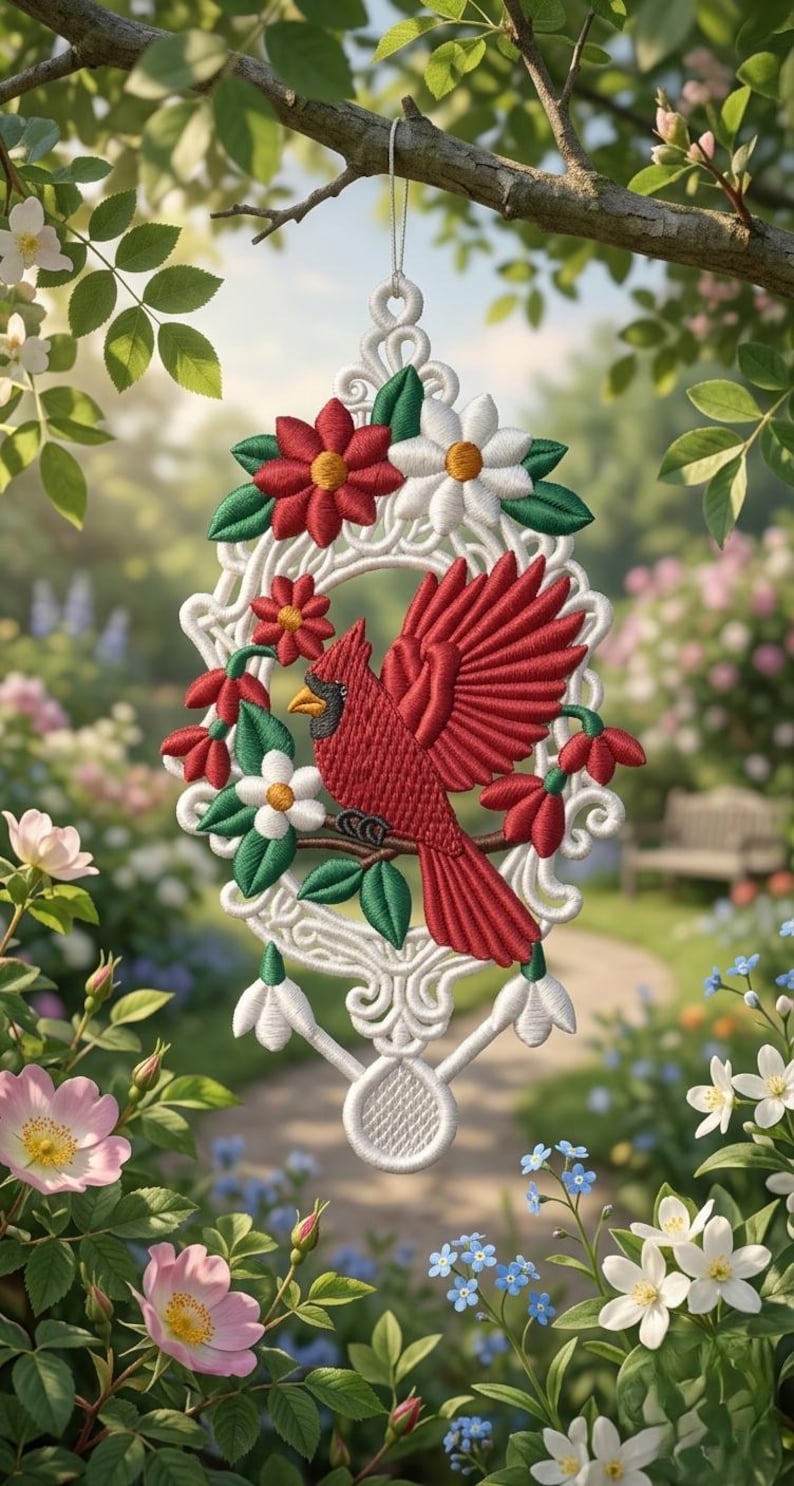 Cardinal Lace Ornament Embroidery Design, Free standing Lace Bird Machine File (Digital Download) image 4