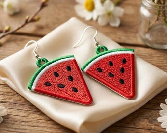 FSL Watermelon Earrings Embroidery Design: Summer Fruit Slice Lace Earrings Hanging Ornament Digital Machine Embroidery File