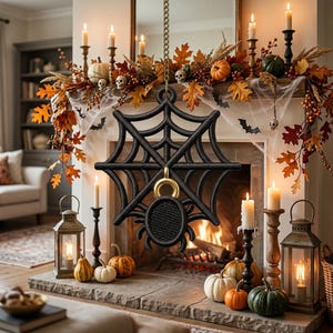 May include: A black spider web ornament with a central gold ring and a textured spider body, suspended by a gold chain. The design features a symmetrical web pattern with eight legs extending from the circular center, crafted in a flat, bold style.