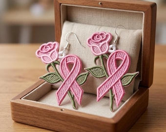 Rose Pink Ribbon Earrings: Freestanding Lace Embroidery Design (Digital Download)