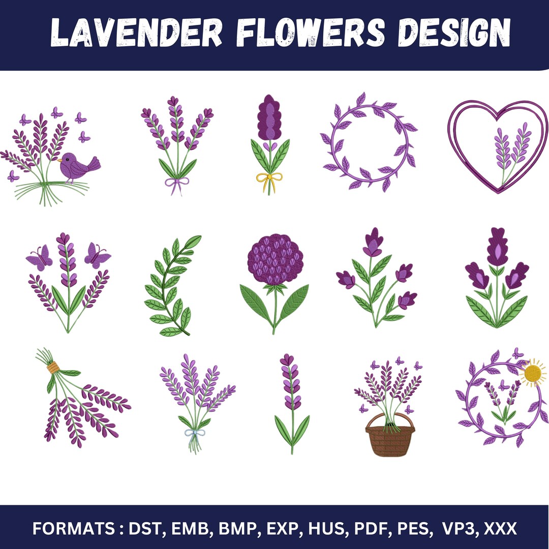 Lavender Flowers Embroidery Design Bundle Floral Bouquet Machine ...