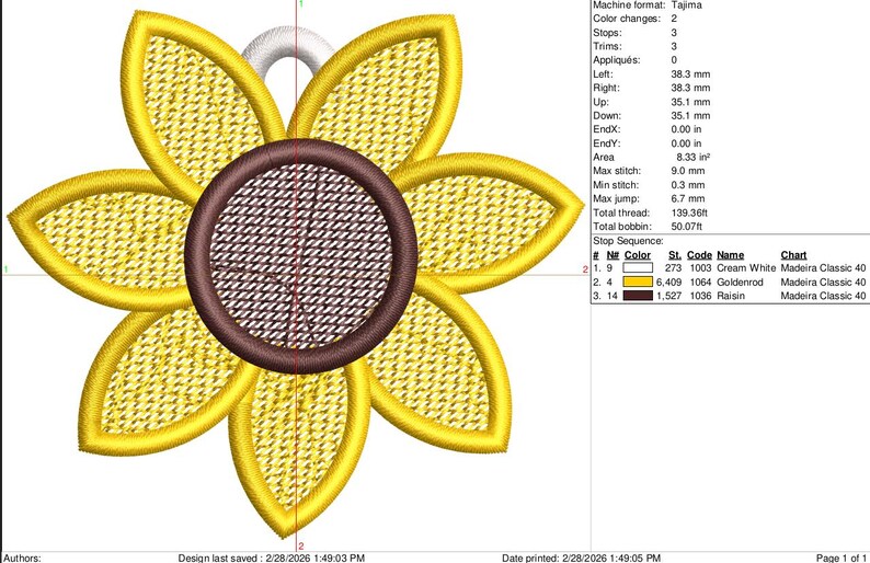 Puede incluir: Dise&ntilde;o de girasol bordado con p&eacute;talos amarillos y centro marr&oacute;n. El dise&ntilde;o incluye un lazo blanco en la parte superior. La imagen tambi&eacute;n muestra detalles t&eacute;cnicos como cambios de color e informaci&oacute;n del hilo.
