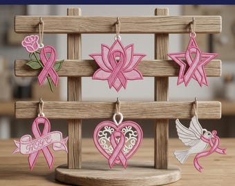 FSL Pink Ribbon Embroidery Ornament, Earring: Breast Cancer Awareness Ornaments Earring (Digital Download)
