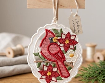 FSL Cardinal Floral Embroidery Design, Free Standing Lace Bird on Flower Branch Ornament, Hanging Decoration Digital Download