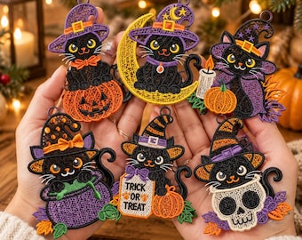 Halloween Black Cat Embroidery Bundle, Witch, Pumpkin, Cauldron Designs (4-5 Inch)