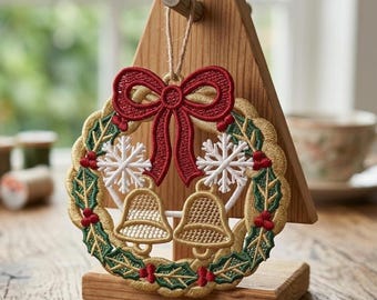 FSL Christmas Wreath Embroidery Design, Free Standing Lace Holly Jingle Bells Ornament, Holiday Hanging Decoration Digital Download