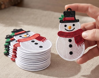 Festive Snowman FSL Embroidery Design, Freestanding Lace Ornament & Earrings (Digital File)
