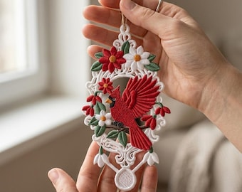 Cardinal Lace Ornament Embroidery Design, Free standing Lace Bird Machine File (Digital Download)