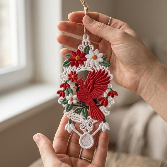 Cardinal Lace Ornament Embroidery Design, Free standing Lace Bird Machine File (Digital Download)