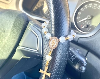 Rosario per auto, mini rosario, rosario per volante, strumento di preghiera cristiano, rosario bianco, regalo cristiano per battesimo e comunione, regalo cristiano unico