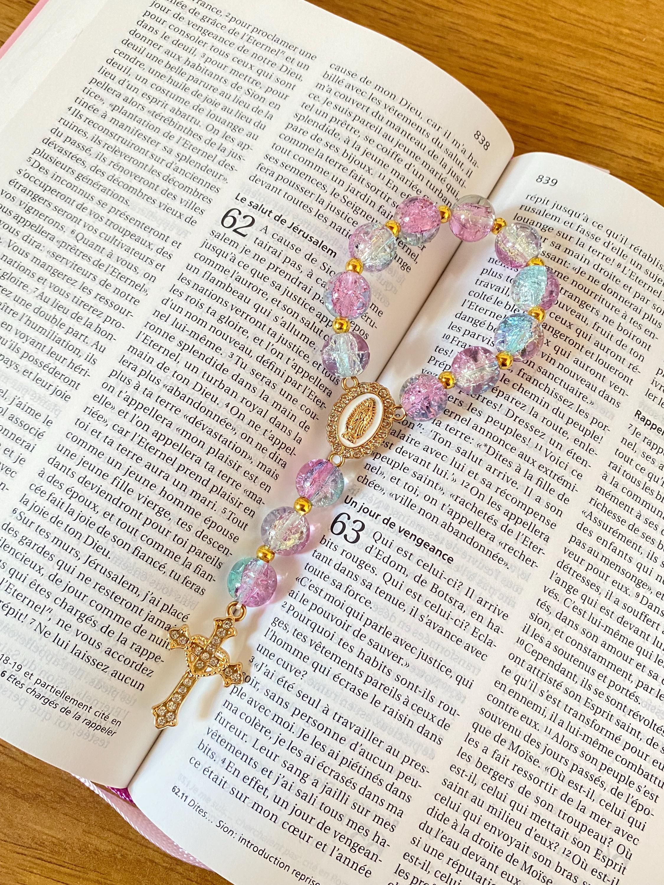 Blue & Pink Crackled Glass Decade Rosary – Handmade Mini Rosary