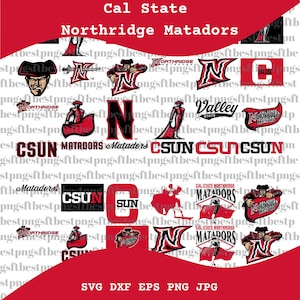 Könnte beinhalten: Eine Sammlung roter und schwarzer Logos und Grafiken für Cal State Northridge Matadors. Enthält Text und verschiedene Illustrationen des Matador-Maskottchens und des Teamnamens. Das Bild hat einen weißen Hintergrund.