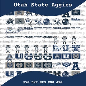 May include: A selection of Utah State Aggies graphics in navy blue and white. The image features logos, helmets, the word "Aggies", and the Utah State University logo. Formats include SVG, DXF, EPS, PNG, and JPG.