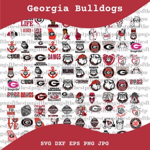 May include: A selection of Georgia Bulldogs-themed graphics and logos in red, black, and white. The designs feature bulldog faces, the letter "G", and text such as "DAWGS", "CHAMPIONS", and "2023 NAT'L CHAMPIONS". The image also includes the text "SVG DXF EPS PNG JPG".