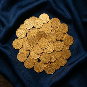 May include: A collection of gold coins with intricate designs and Arabic script, arranged on a dark blue fabric. The coins are circular and appear to be antique, with detailed engravings. The overall composition suggests a historical or collectible theme.
