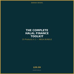May include: A teal and gold graphic with the text "BARAKA BOOKS" at the top. The center reads "THE COMPLETE HALAL FINANCE TOOLKIT" with "15 Products in 1 - MEGA BUNDLE" below. The bottom shows "$39.99" and "ADAM KHALIL".