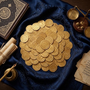 May include: A collection of gold coins with Arabic script arranged on a dark blue cloth. The image also includes a book with gold lettering, rolled scrolls, a balance scale, and a calligraphy pen and inkwell, suggesting a historical or scholarly theme.