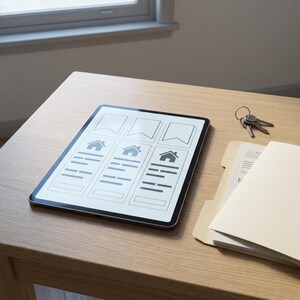May include: A digital tablet displaying a real estate listing template with three house icons and text fields. The tablet is on a wooden desk, next to a set of keys and file folders. The scene suggests property management or home sales.