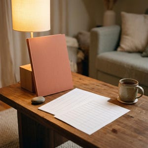 May include: A terracotta-colored journal stands upright on a wooden table, next to a lit lamp with a beige lampshade. A sheet of grid paper and a mug of tea on a coaster are also on the table. A small stone rests near the journal.