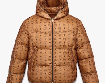 MCM Monogram Pufferjacka, Brun Huva Designer Streetwear, Vinterjacka Unisex Mode